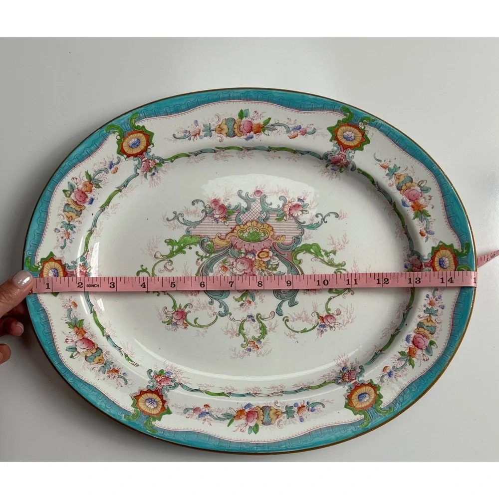Antique Cauldon England Oval Platter Floral Turquoise Blue Gold Trim 15 Inch